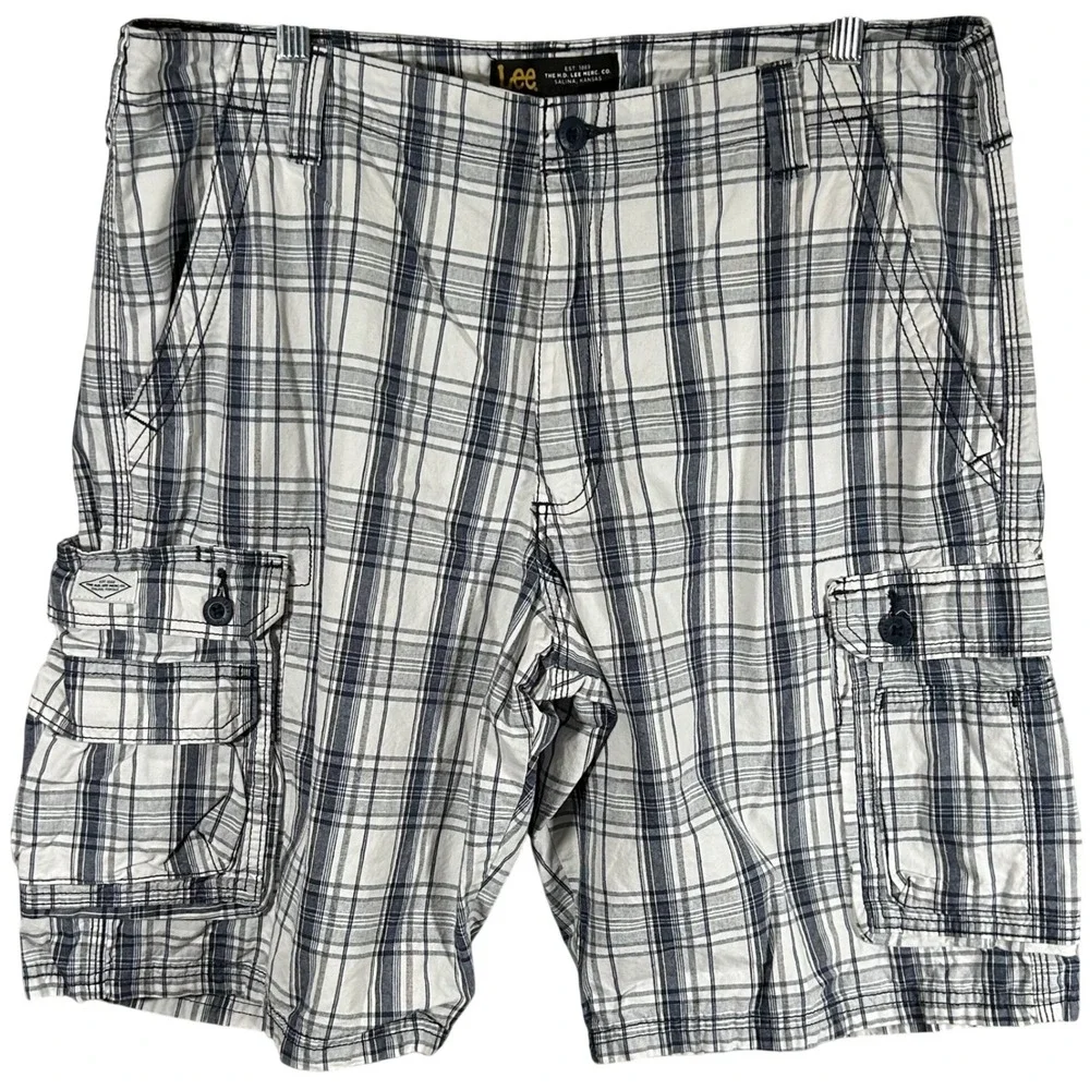 Lee Mens Plaid Cargo Shorts White Blue Cotton Relaxed Fit Size 38